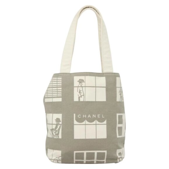 CHANEL windows Tote Bag Canvas Gray White gold CC Auth ar13426
